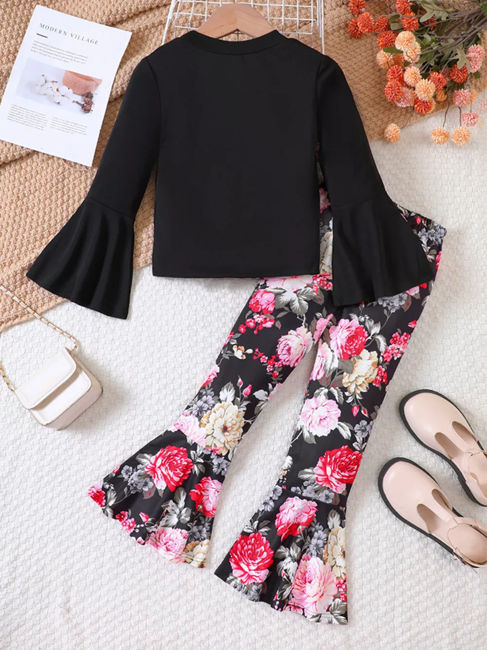 Children's Solid Top & Floral Flare Pants Set, image 2