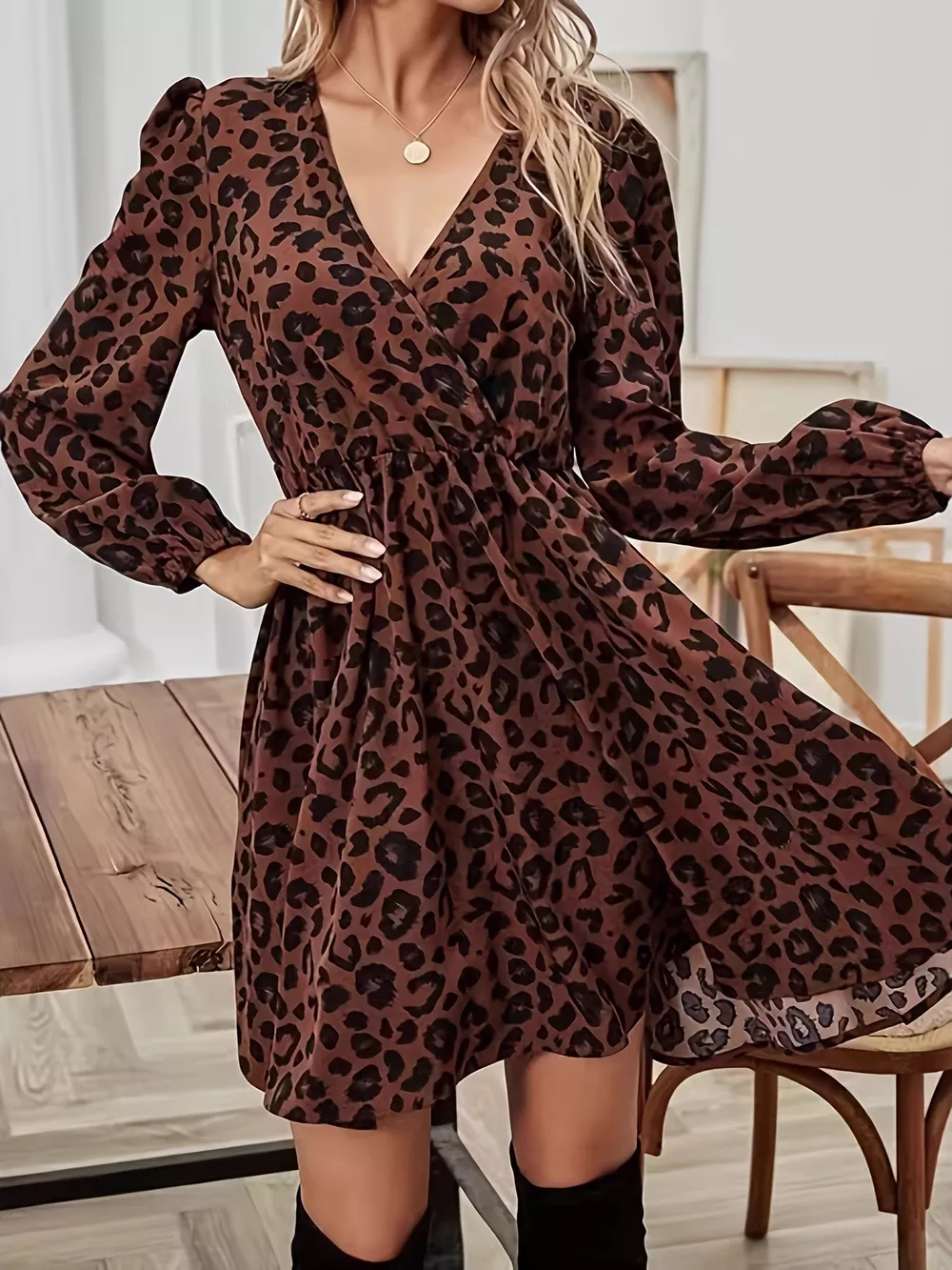 Leopard Print V-Neck Long Sleeve Mini Dress, image 3