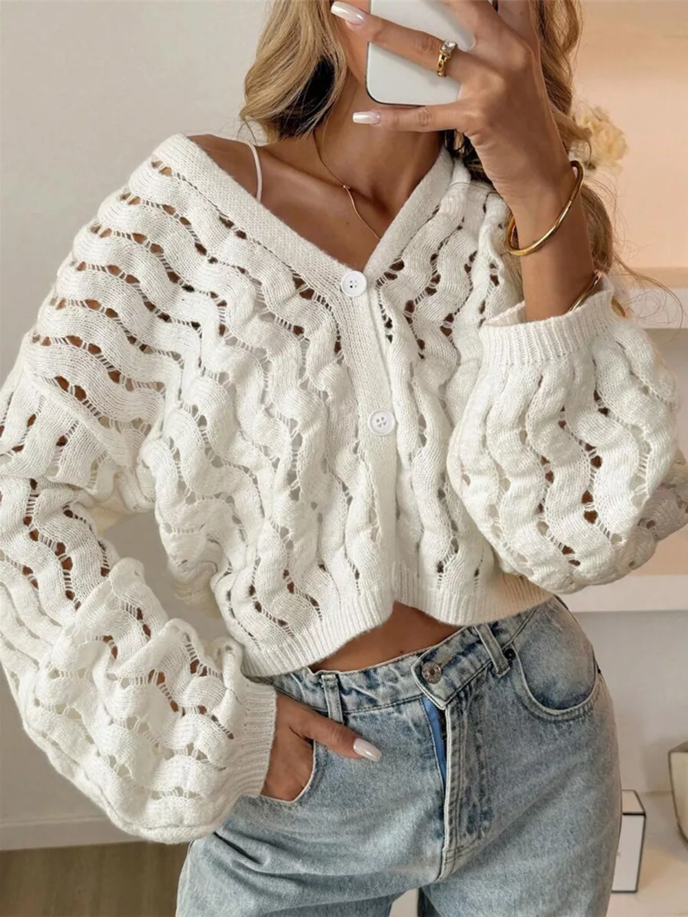 Openwork Button Up V-Neck Cardigan, image 2