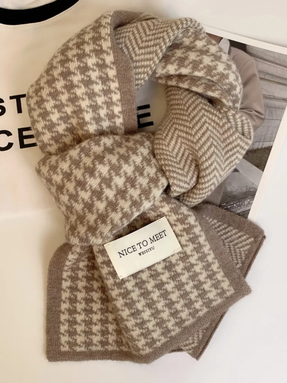 Houndstooth Pattern Warm Winter Scarf, image 2