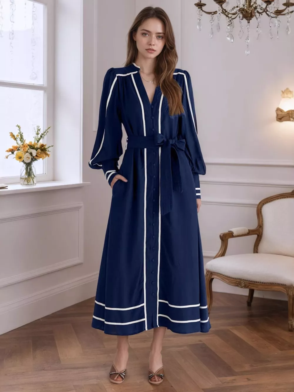 Notched Lantern Sleeve Dress, image 4