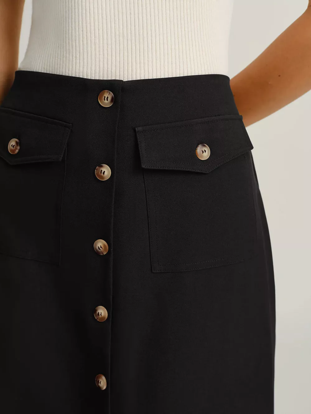 Button-Front Pocketed Midi Skirt, image 5
