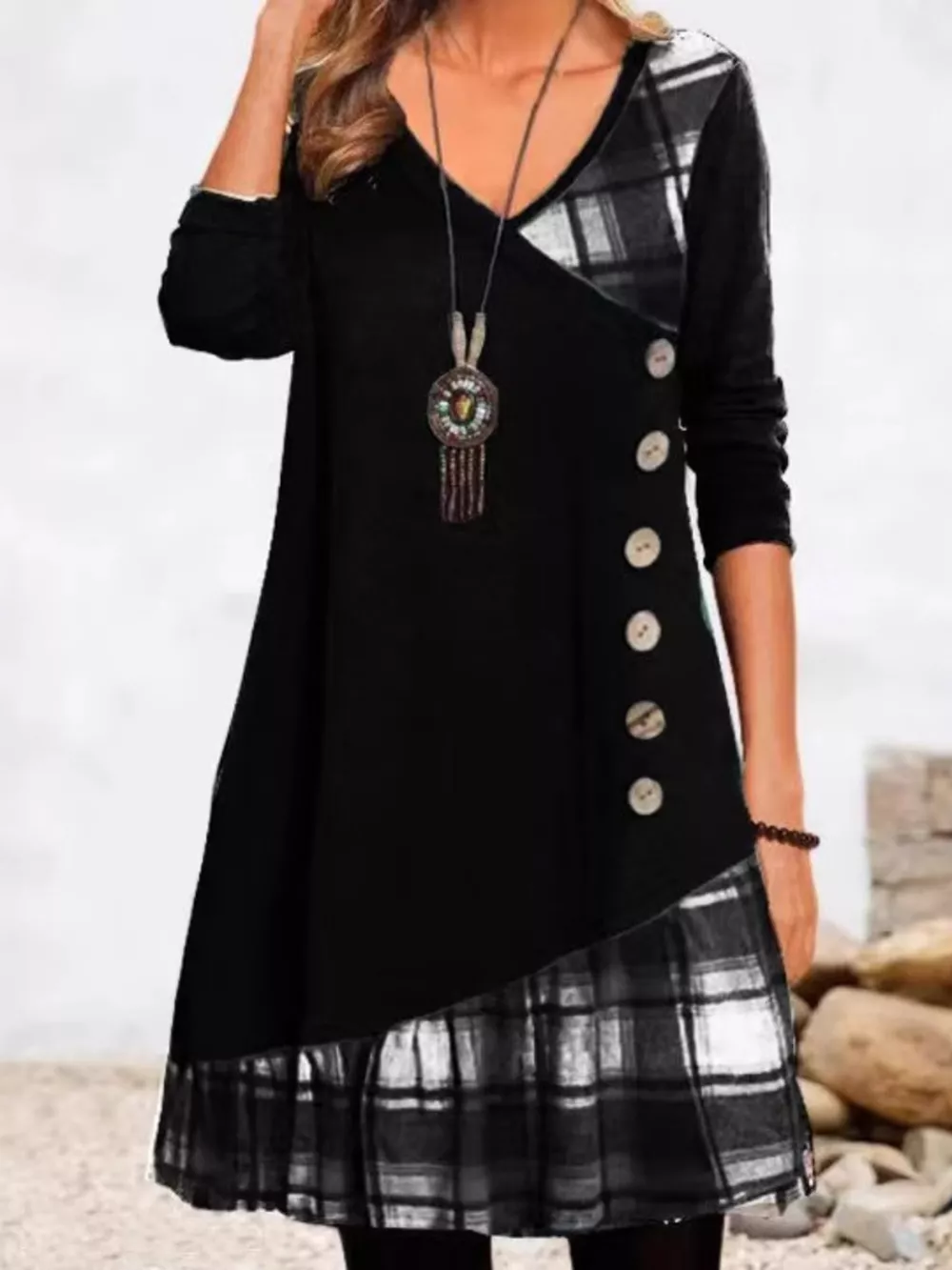 Full Size Asymmetrical Plaid Patchwork Long Sleeve Dress Plus Size, image 3