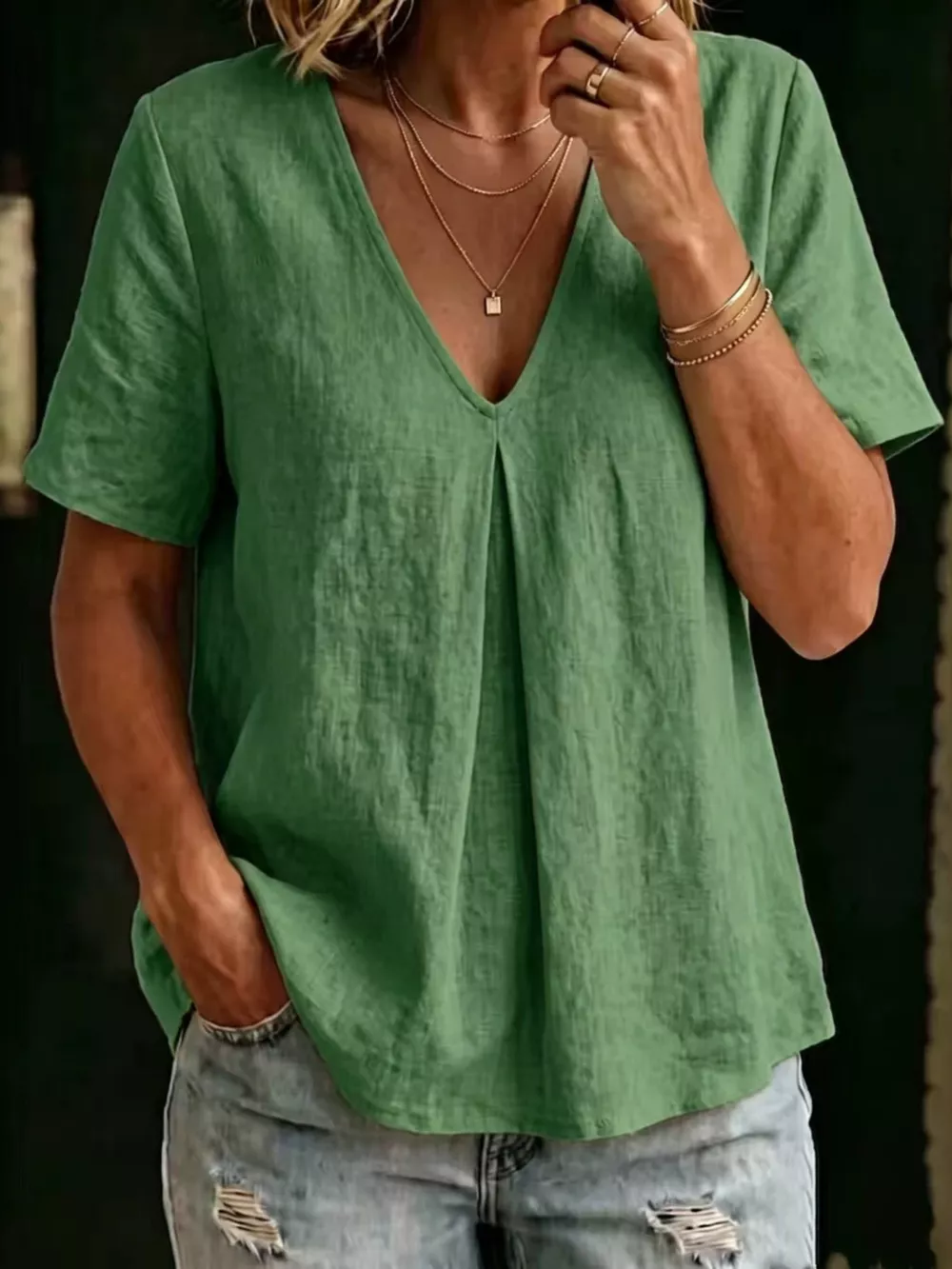 Full Size V-Neck Pleated Short Sleeve Blouse Plus Size, image 4