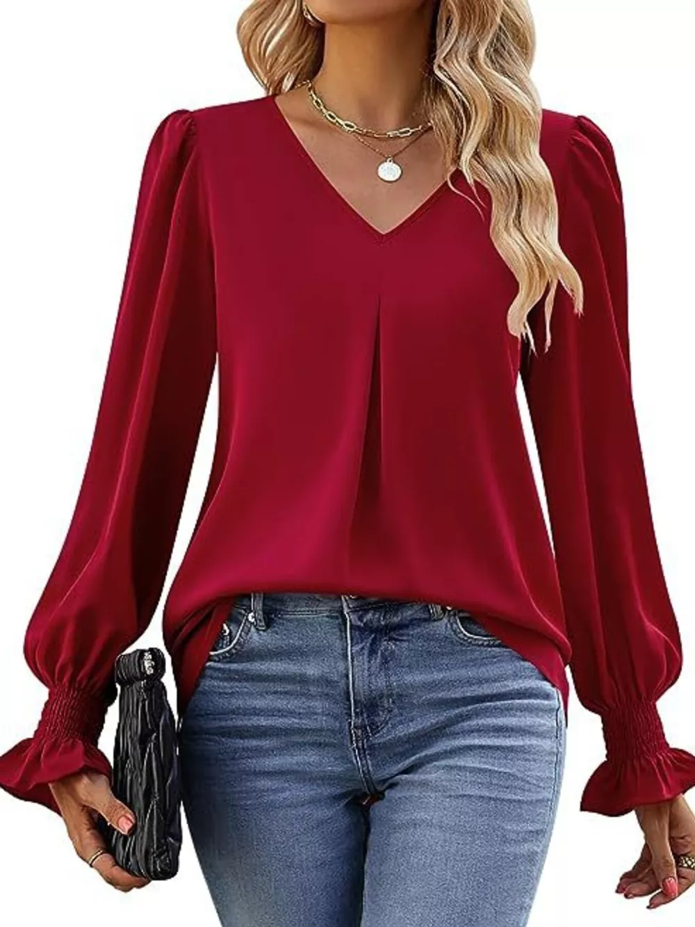 V-Neck Long Sleeve Ruffle Cuff Blouse, image 12