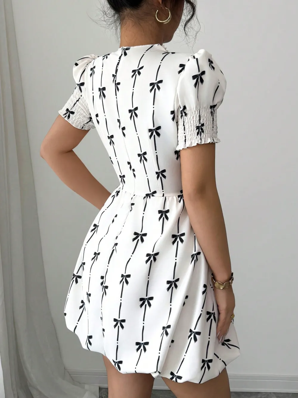 Smocked Bow Print Short Sleeve Dress, image 4