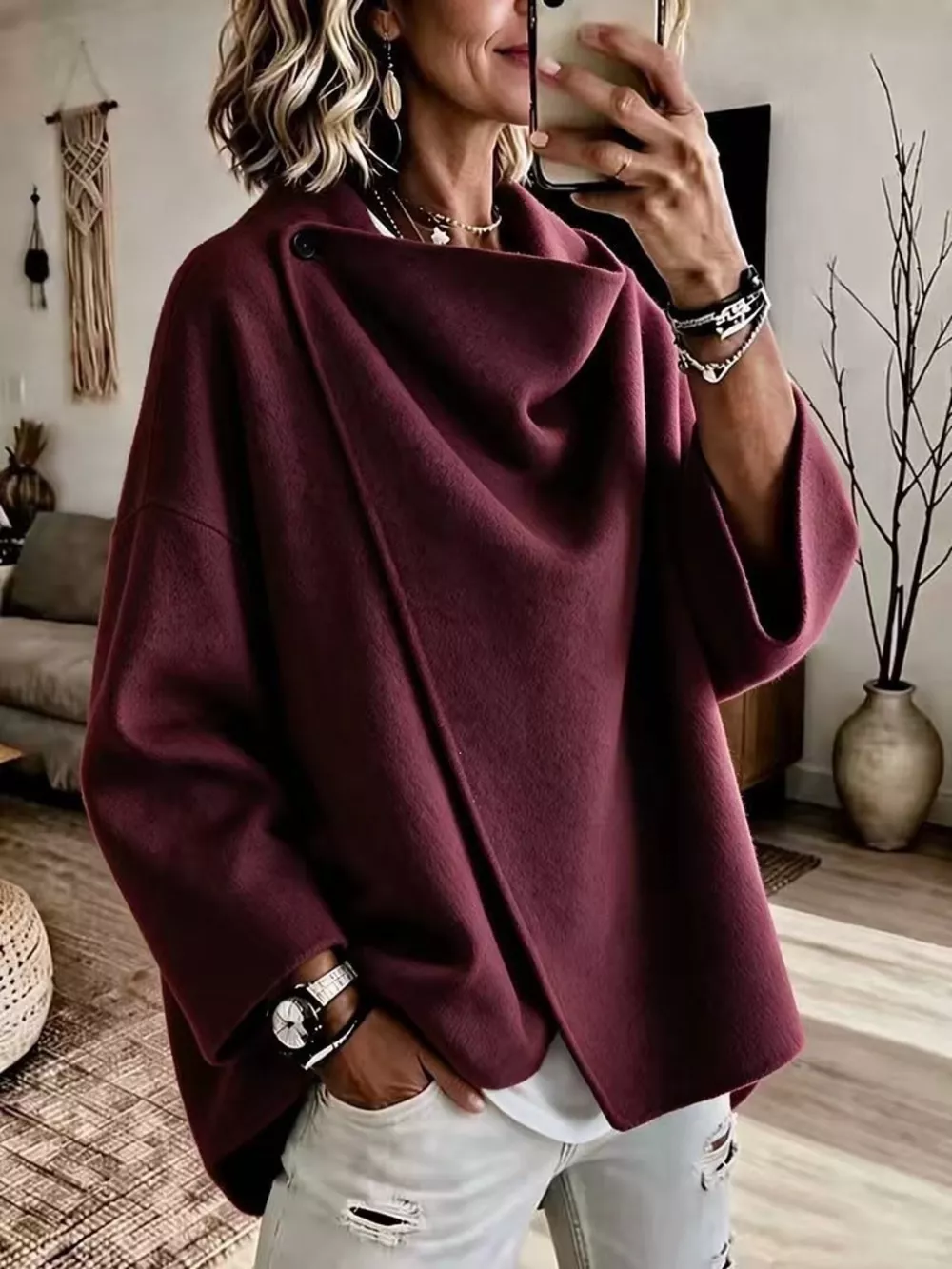 Full Size Asymmetric Cowl Neck Cape Plus Size