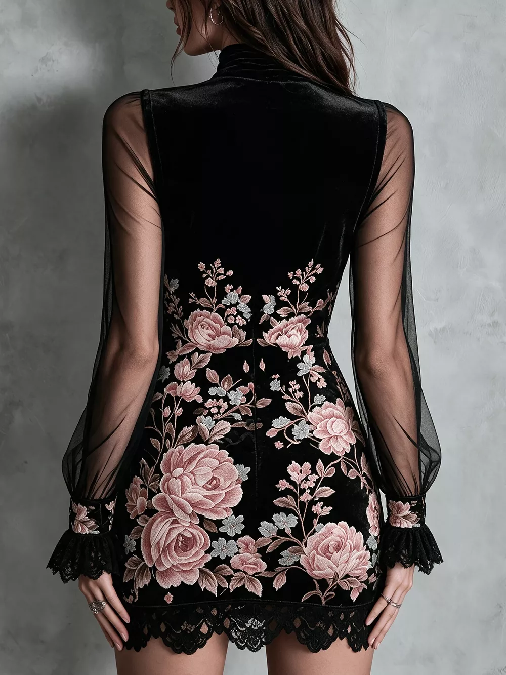 Floral Velvet Mini Dress with Sheer Mesh Sleeves, image 4