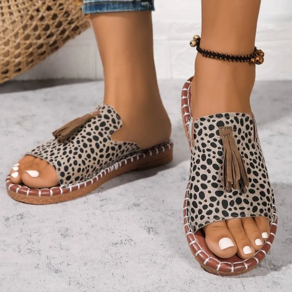 Leopard Print Tassel Flat Sandals, image 14