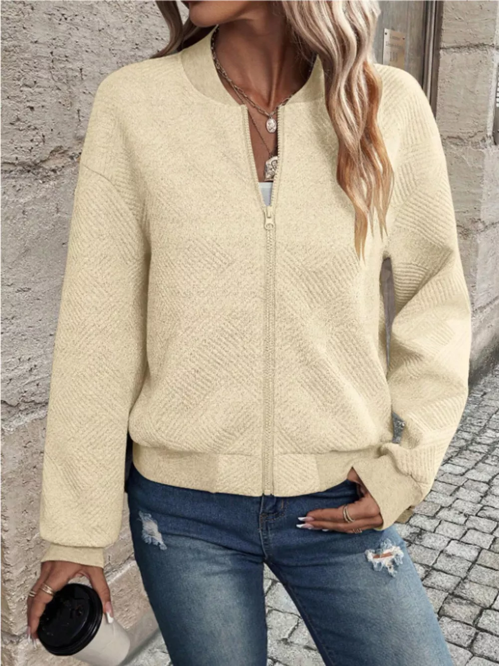 Textured Knit Zip-Up Bomber Jacket, image 6