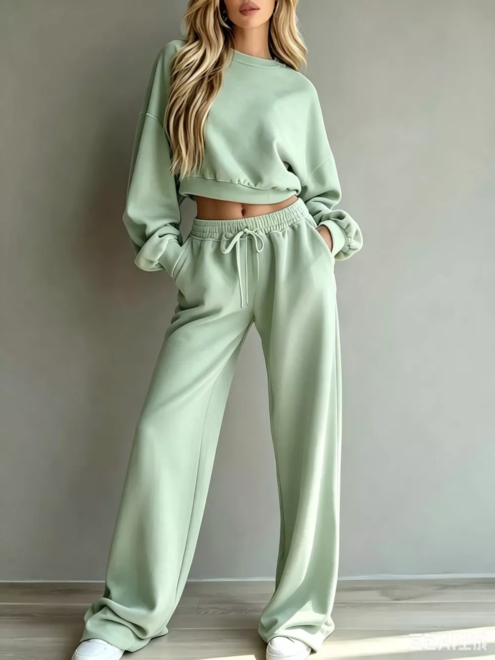 Round Neck Cropped Sweatshirt and Wide-Leg Pants Set, image 3