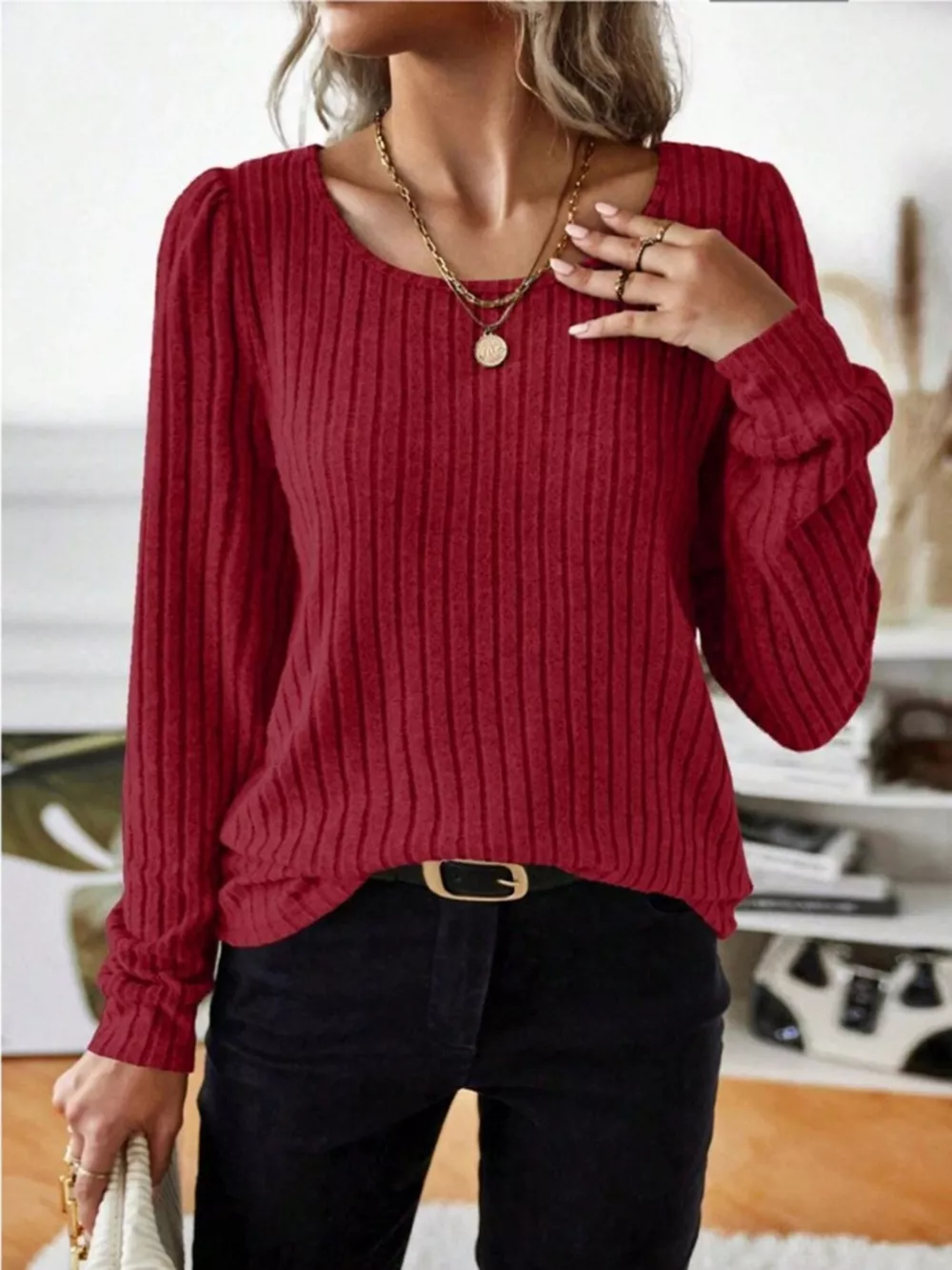 Ribbed Knit Long Sleeve T-Shirt, image 7