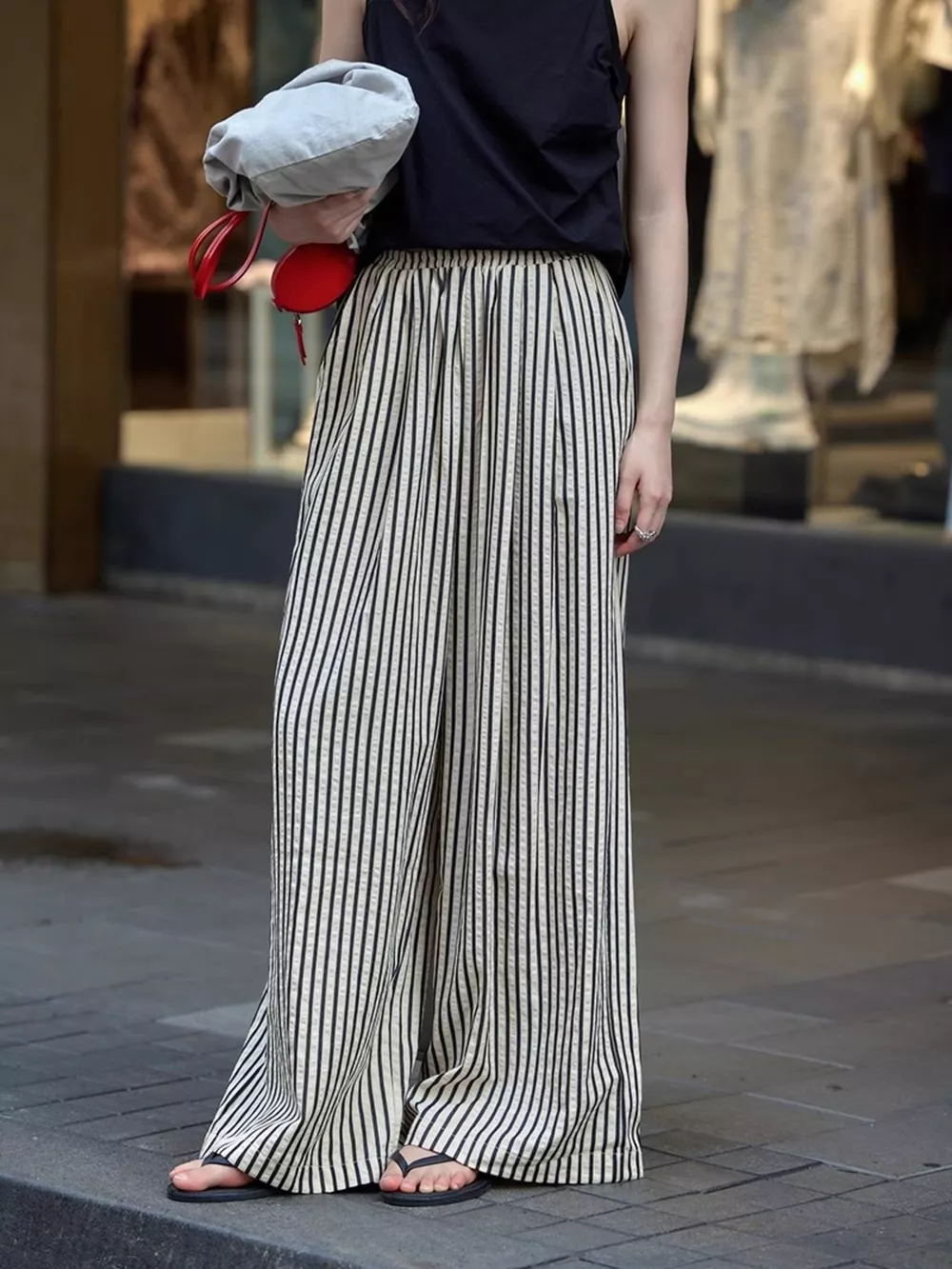 Full Size Striped Drawstring Waist Wide Leg Pants Plus Size, image 12