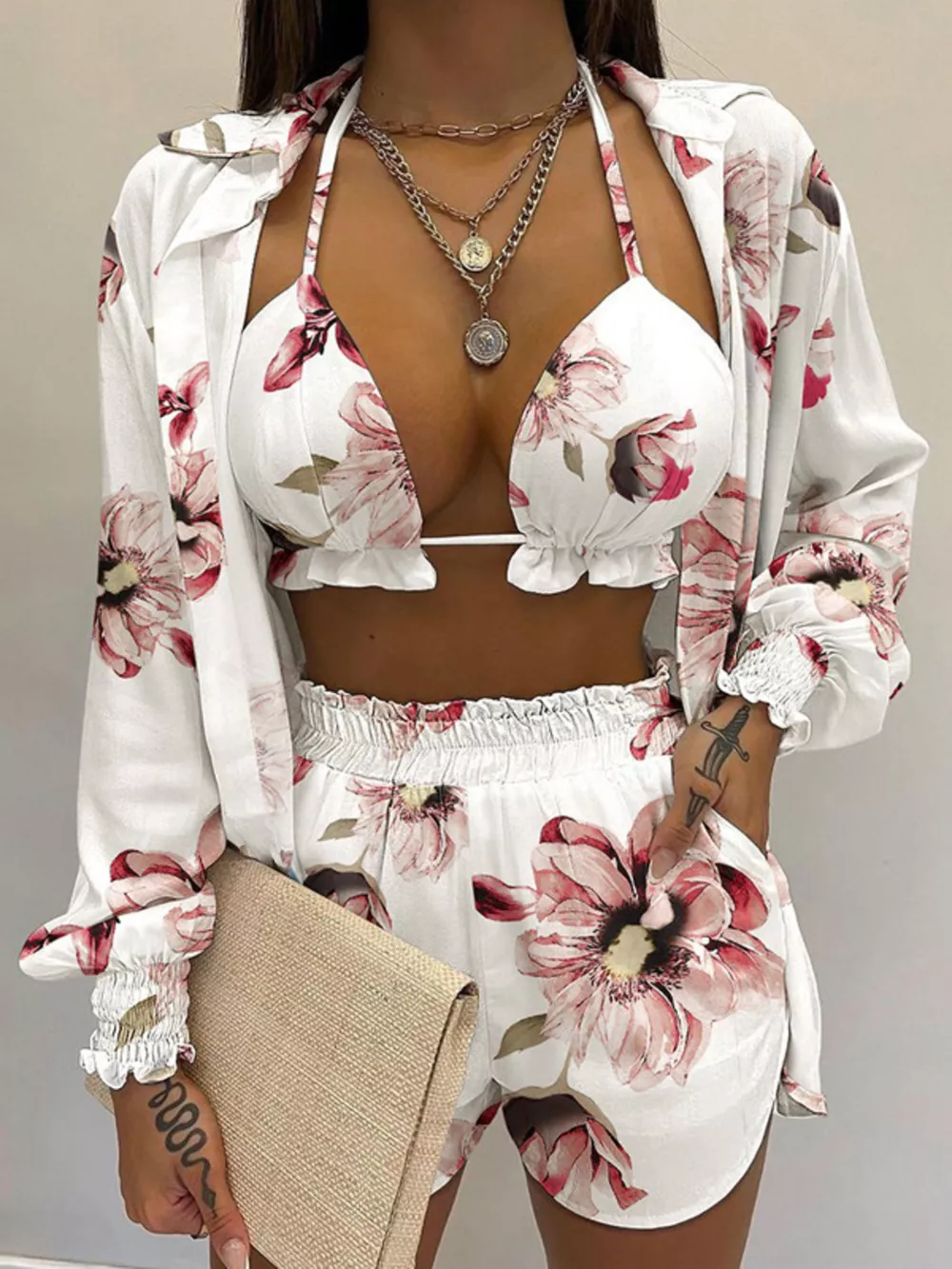 Full Size Halter Neck Cami & Shirt & Shorts 3-Piece Outfit Set Plus Size, image 2