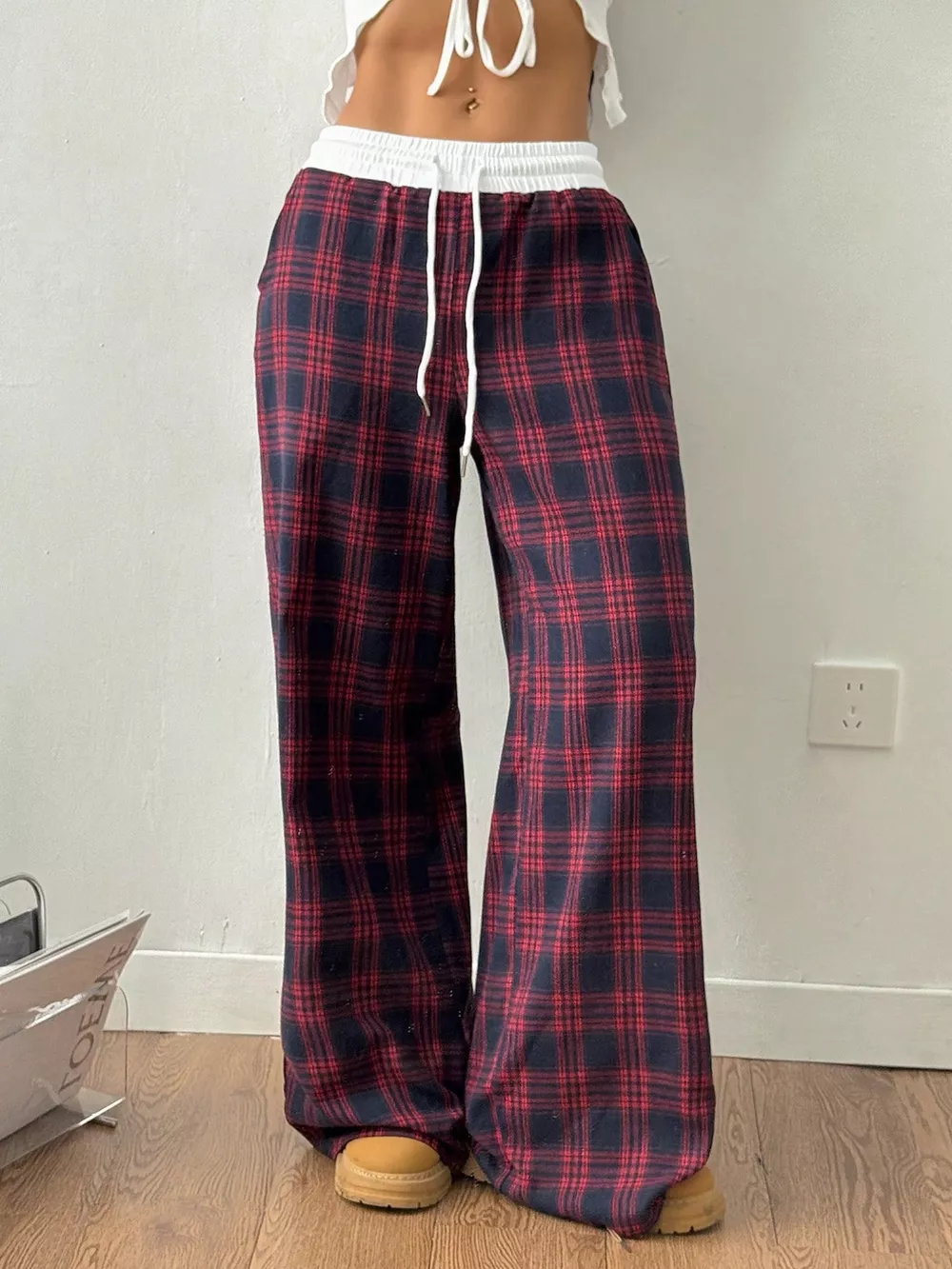 Plaid Wide-Leg Pants with Elastic Waistband, image 13