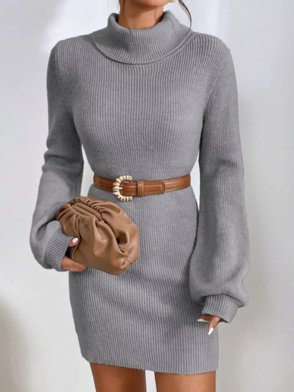 Turtleneck Ribbed Knit Sweater Dress, image 13