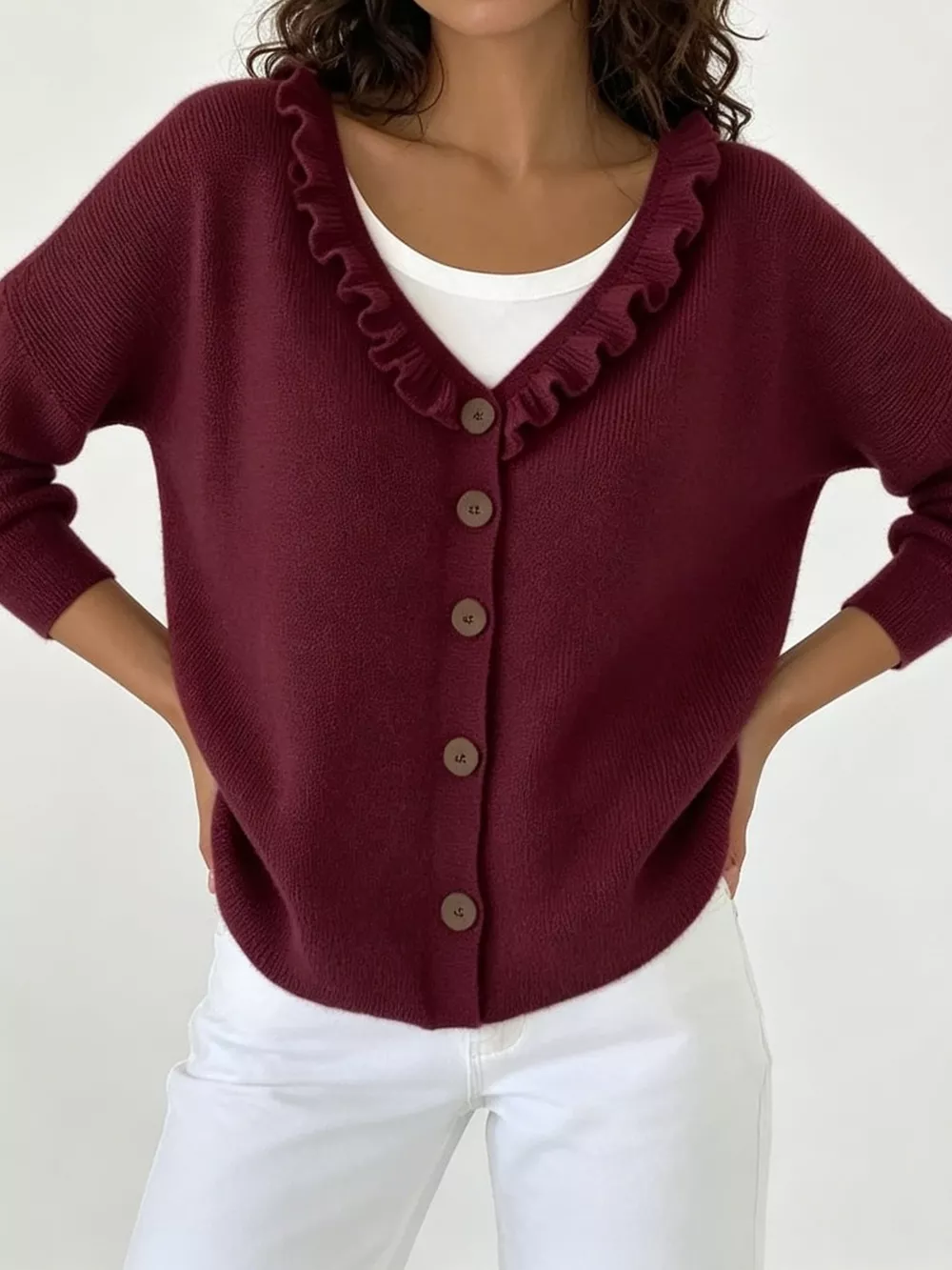 Ruffled Neckline Button-Up Cardigan, image 10