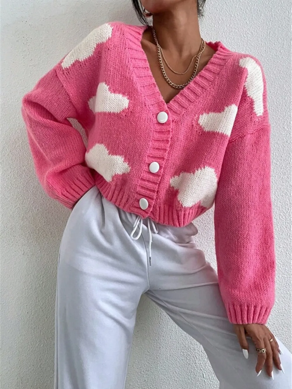 Contrast Cloud Pattern Cropped Button-Up Cardigan, image 2