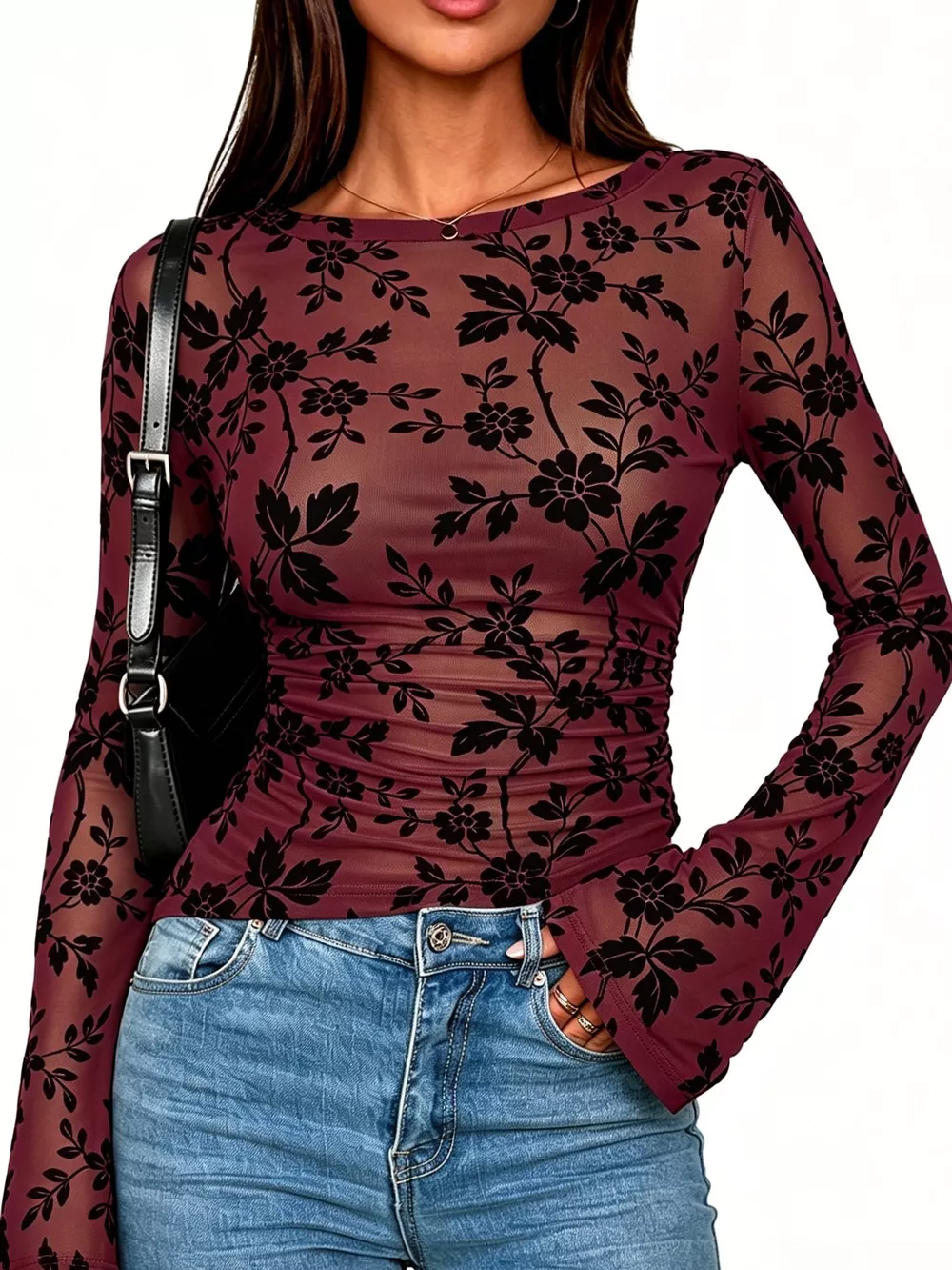 Slim Fit Floral Print Long Sleeve Top, image 10