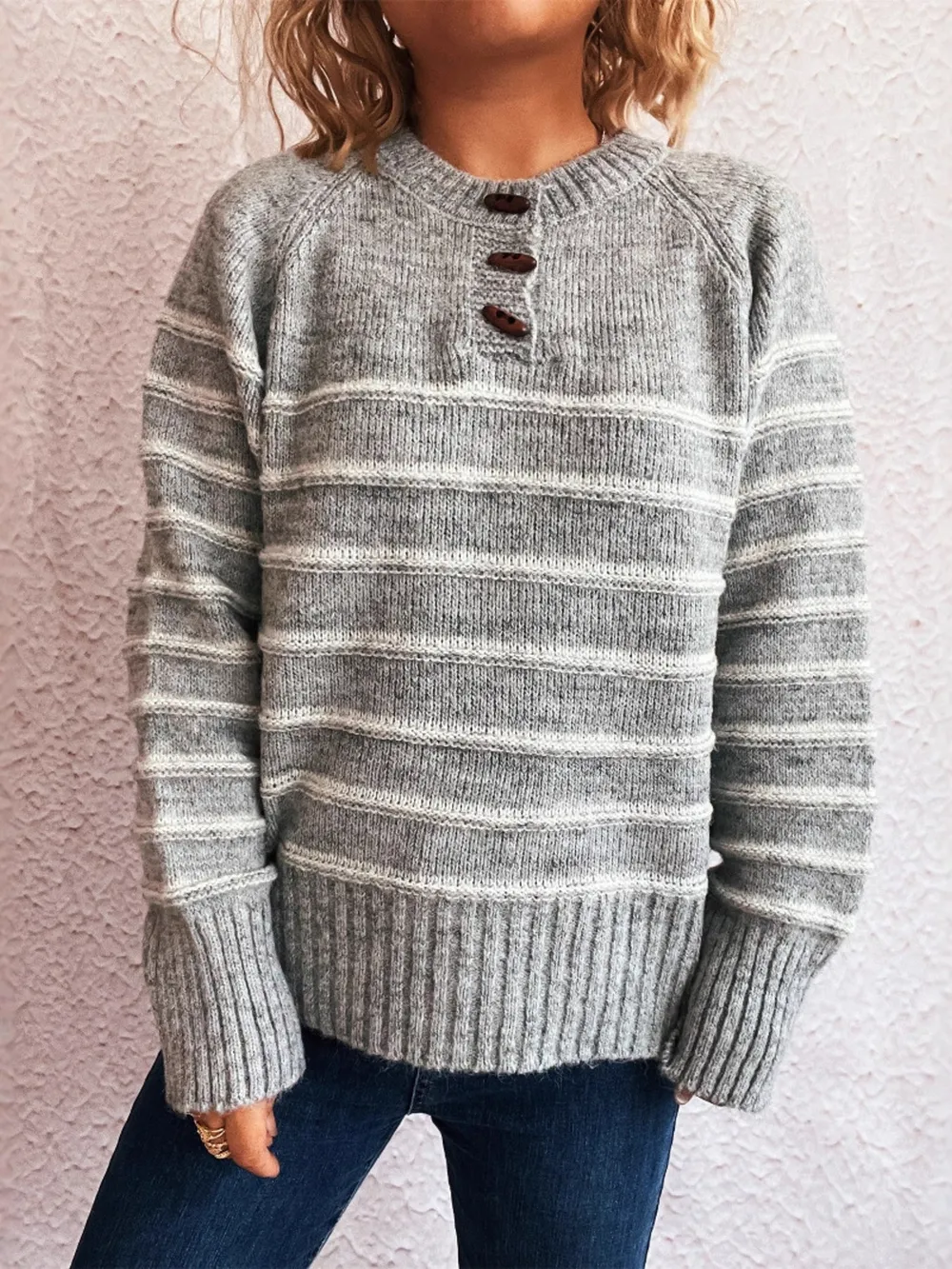 Striped Button Detail Long Sleeve Sweater, image 23
