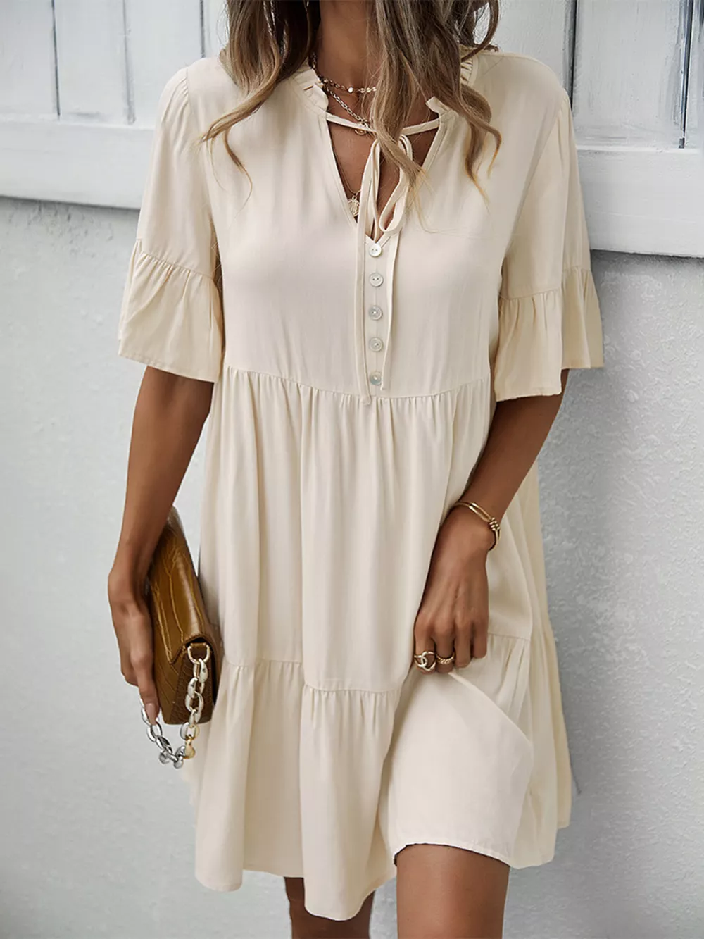 Boho Ruffle Sleeve Button Down Tiered Mini Dress, image 7