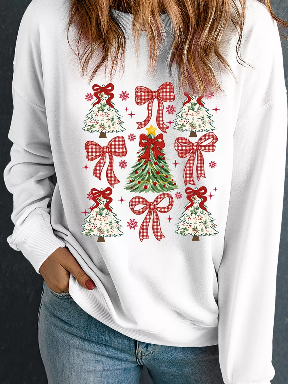 Christmas Tree Ribbon Bow Printed Drop Shoulder Sweatshirt