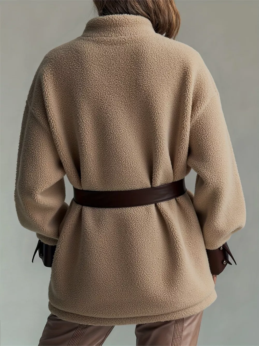 Leather Trim Sherpa Outerwear with Pockets, image 2