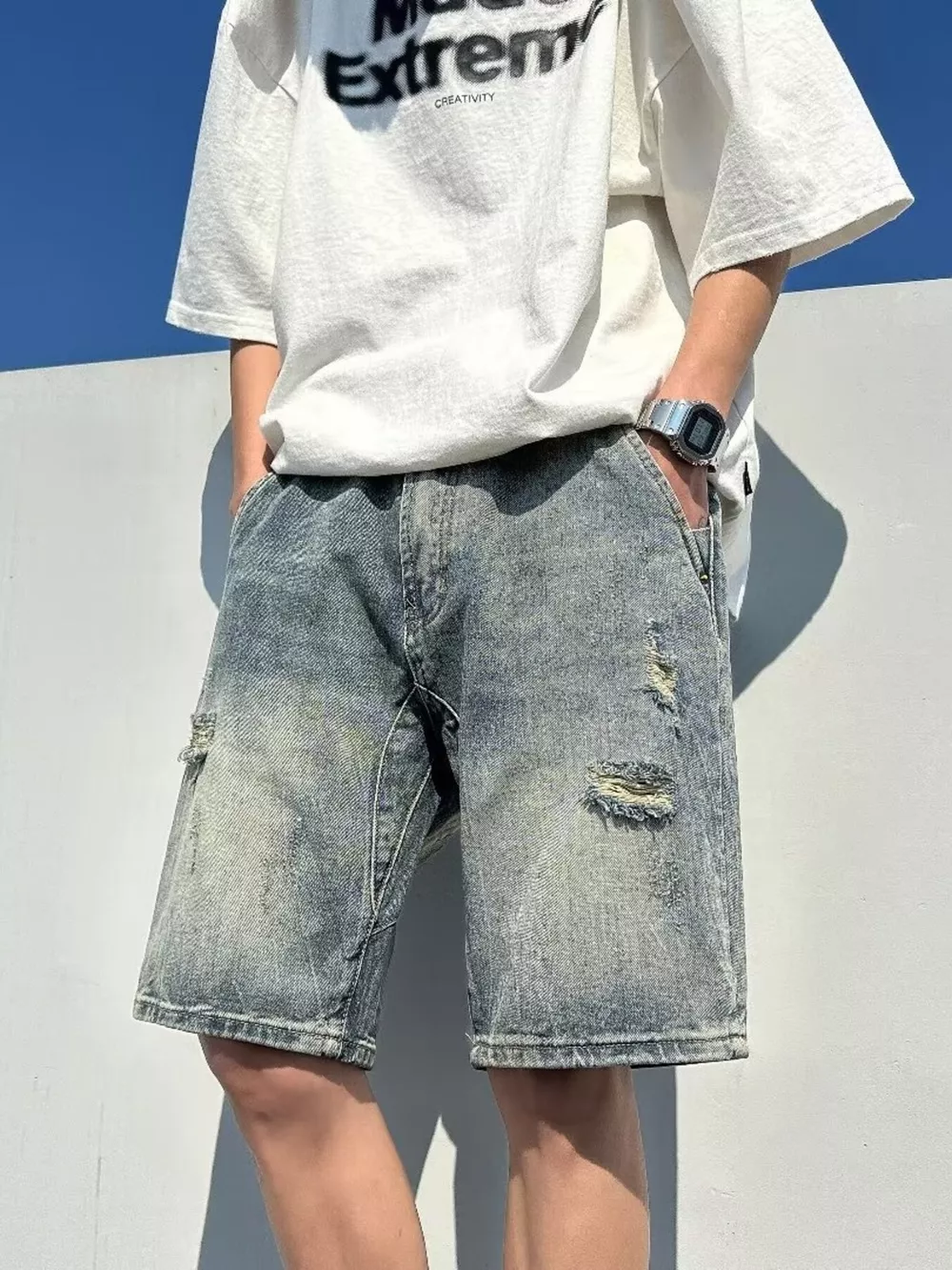 Men's Full Size Distressed Wash Denim Shorts Plus Size