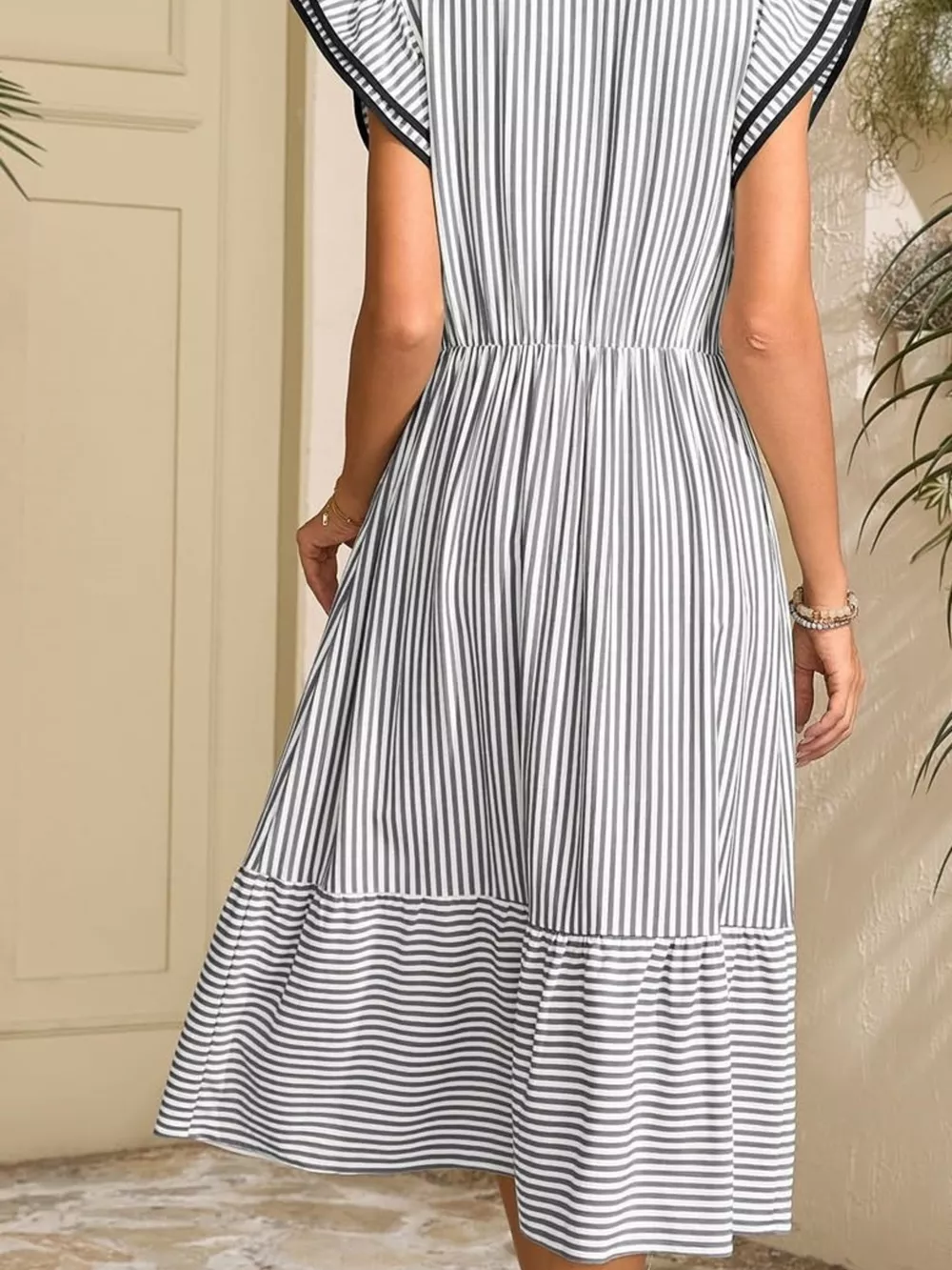 Striped Notched Ruffle Sleeve Dress, image 10