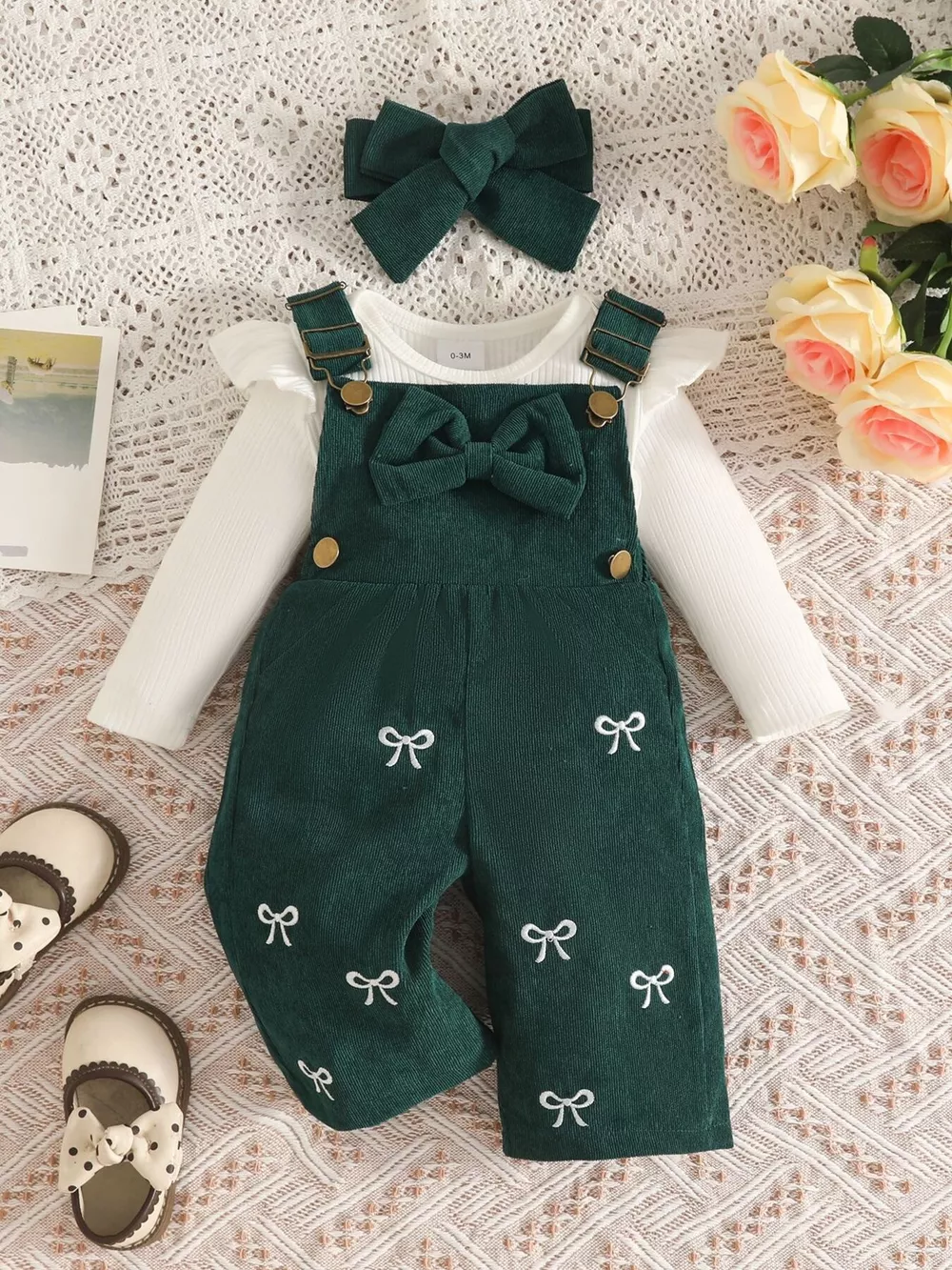 Children's Ribbed Bodysuit and Bow-Embroidered Overall Set with Headband, image 15