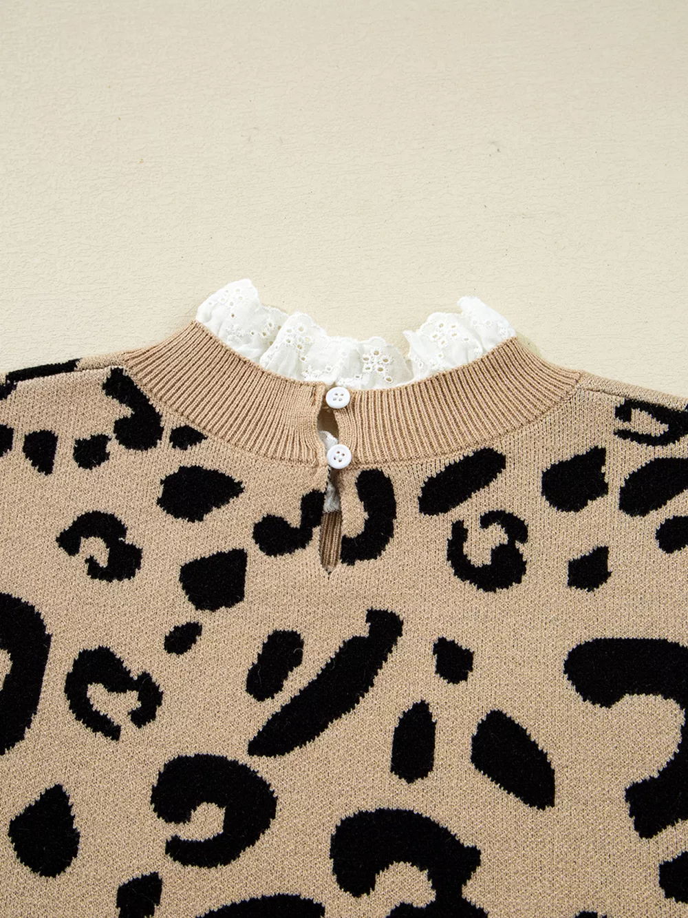 Leopard Pattern Lace Ribbed Detail Button Cuffed Sweater, image 6