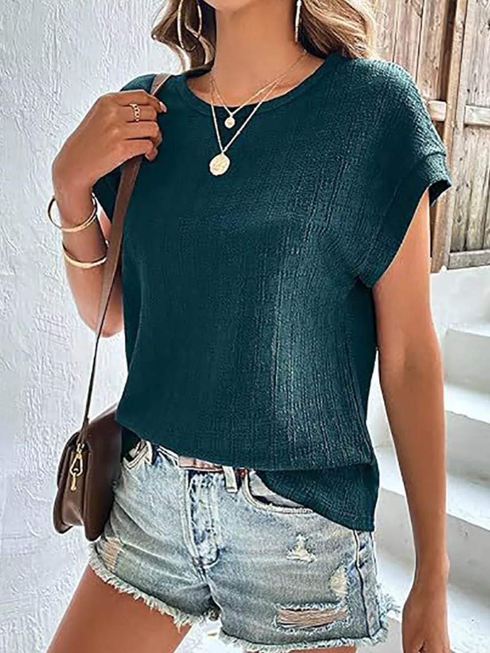 Textured Round Neck Short Sleeve Top, image 2