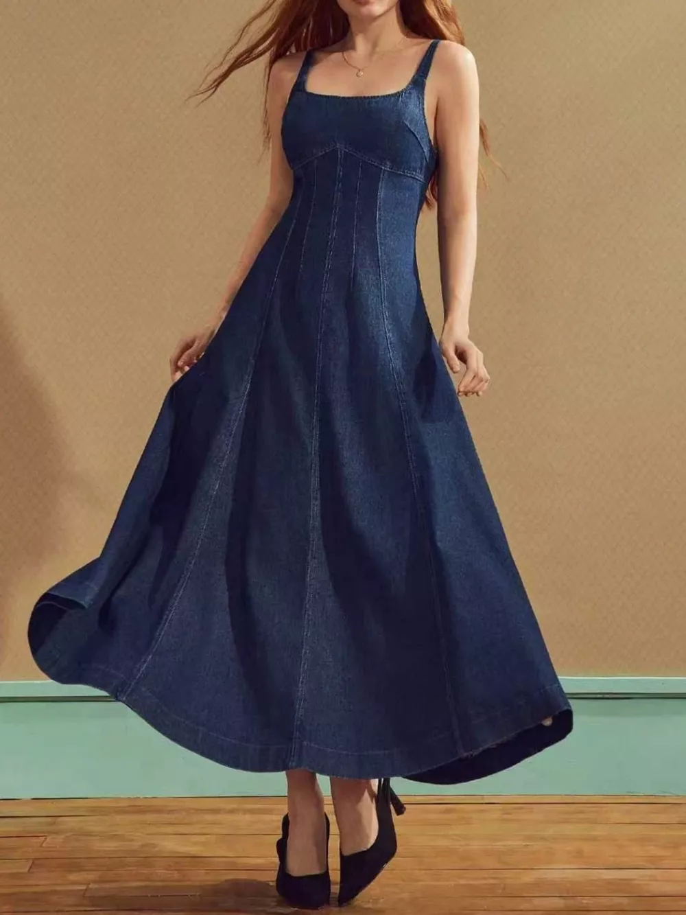 Square Neck A-Line Denim Dress, image 2