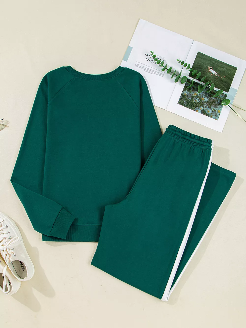 Round Neck Top and Stripe Detail Drawstring Pants Set, image 5