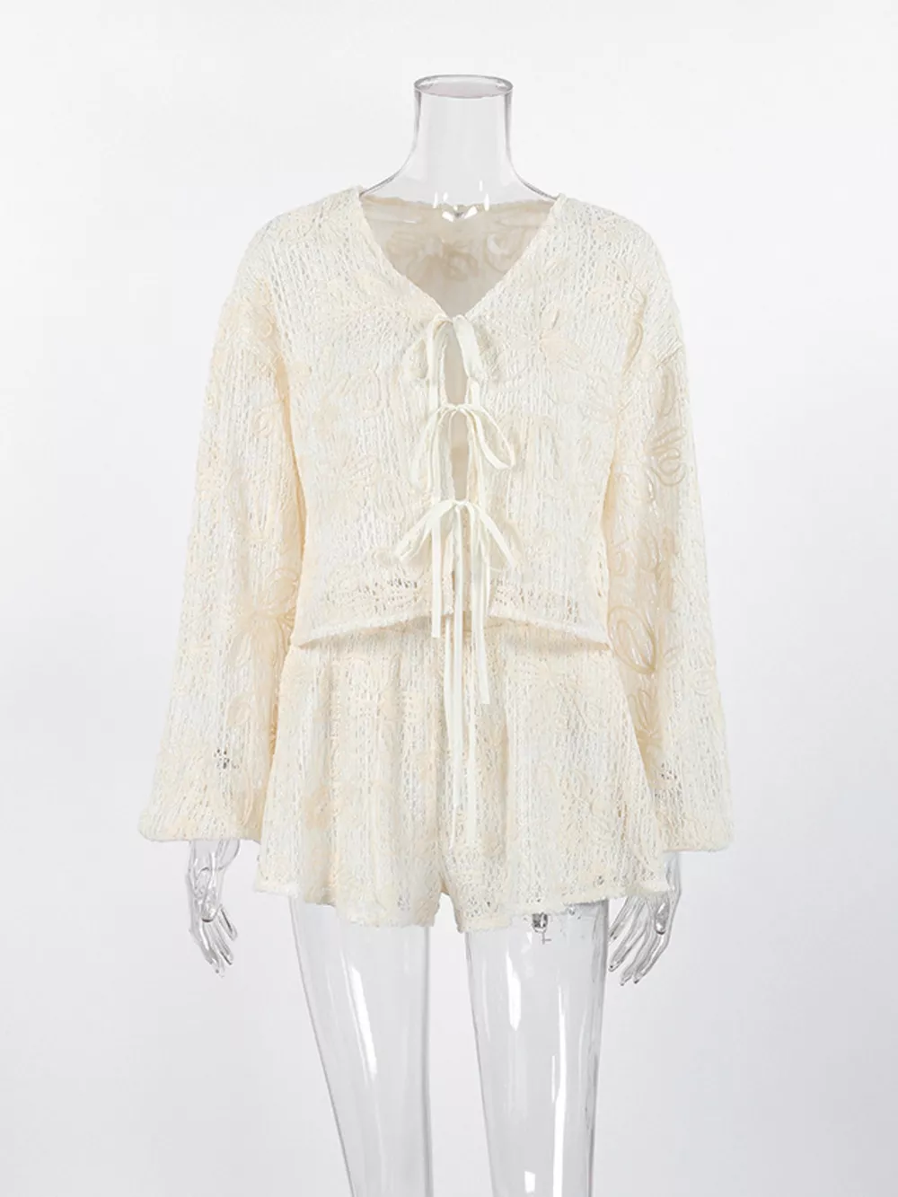 Lace Crochet Tie Front Top and Shorts Two-Piece Lounge Set, image 6