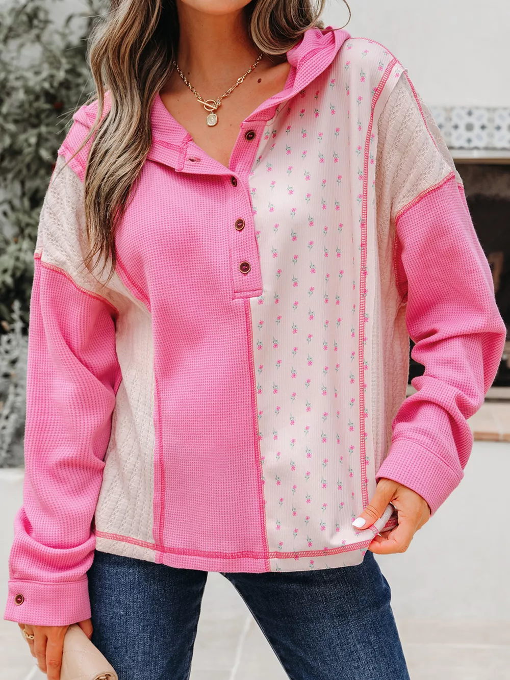 Mixed Texture Waffle Floral Patchwork Hooded Oversize Pullover, image 8