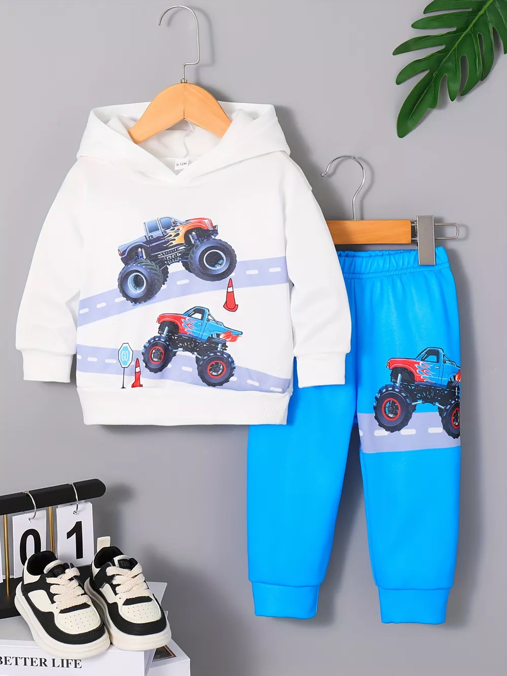 Children's Cartoon Truck Graphic Hoodie & Pants Set