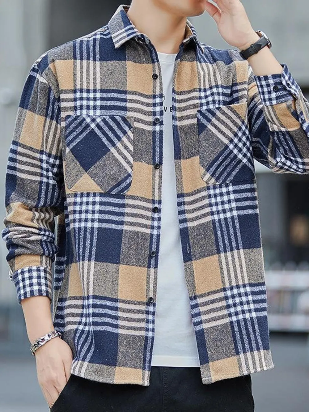 Men's Plus Size Casual Plaid Long Sleeve Shirt, image 2