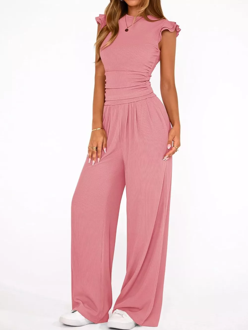 Ruffled Mock Neck Top and Wide Leg Pants Set, image 26