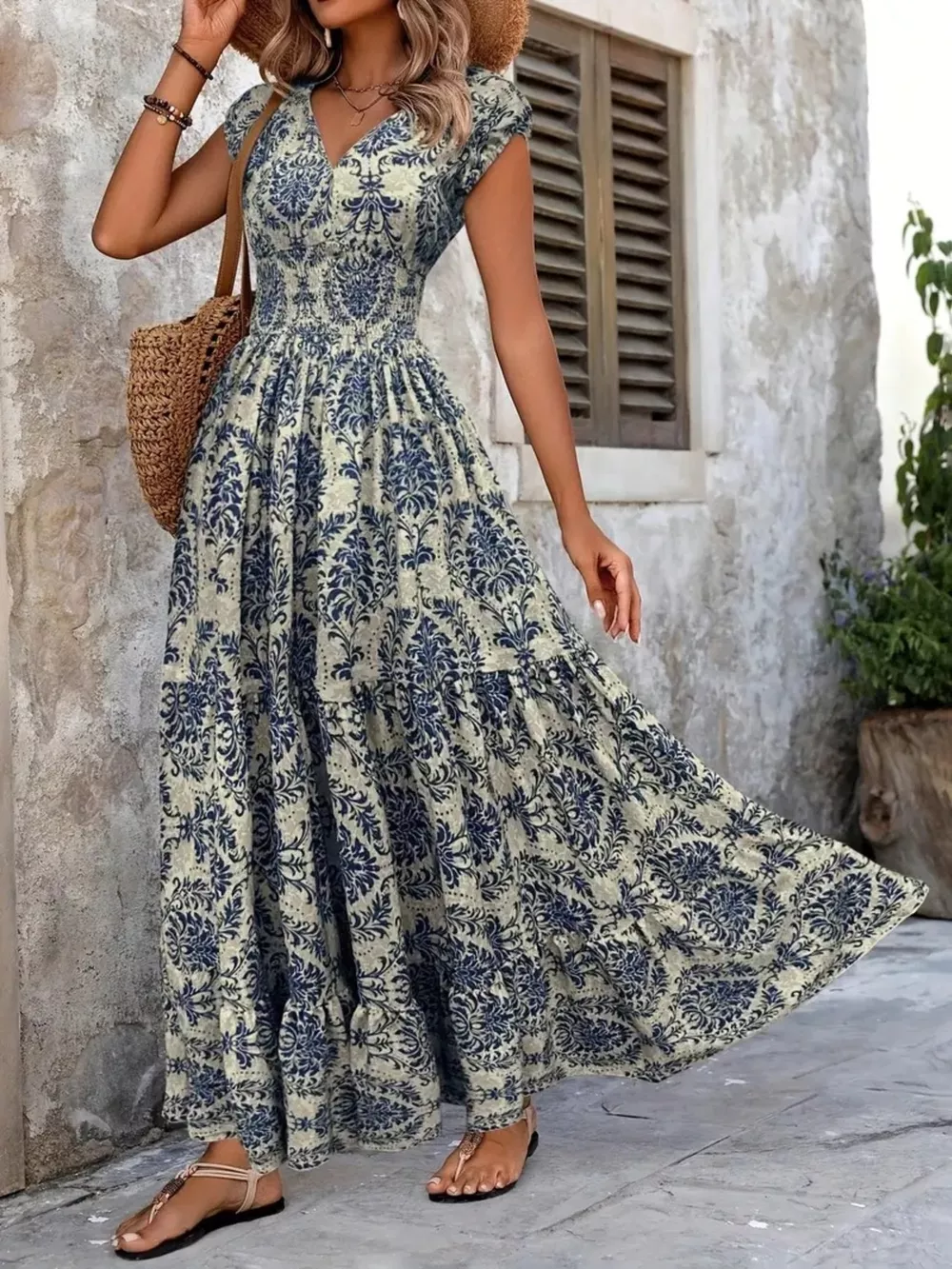 Printed Cap Sleeve Maxi Dress, image 21