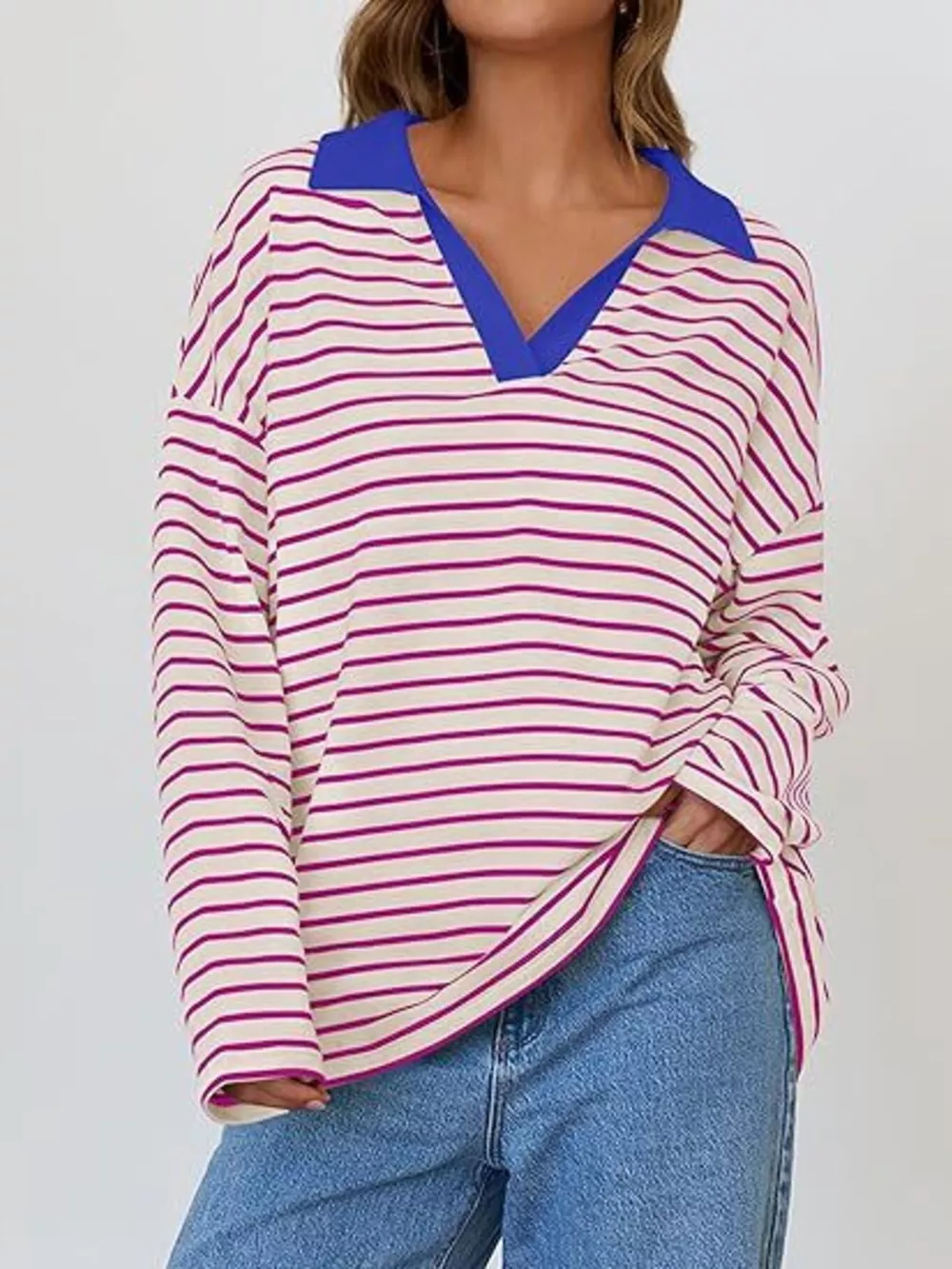 Striped Contrast Collar Long Sleeve Top, image 17