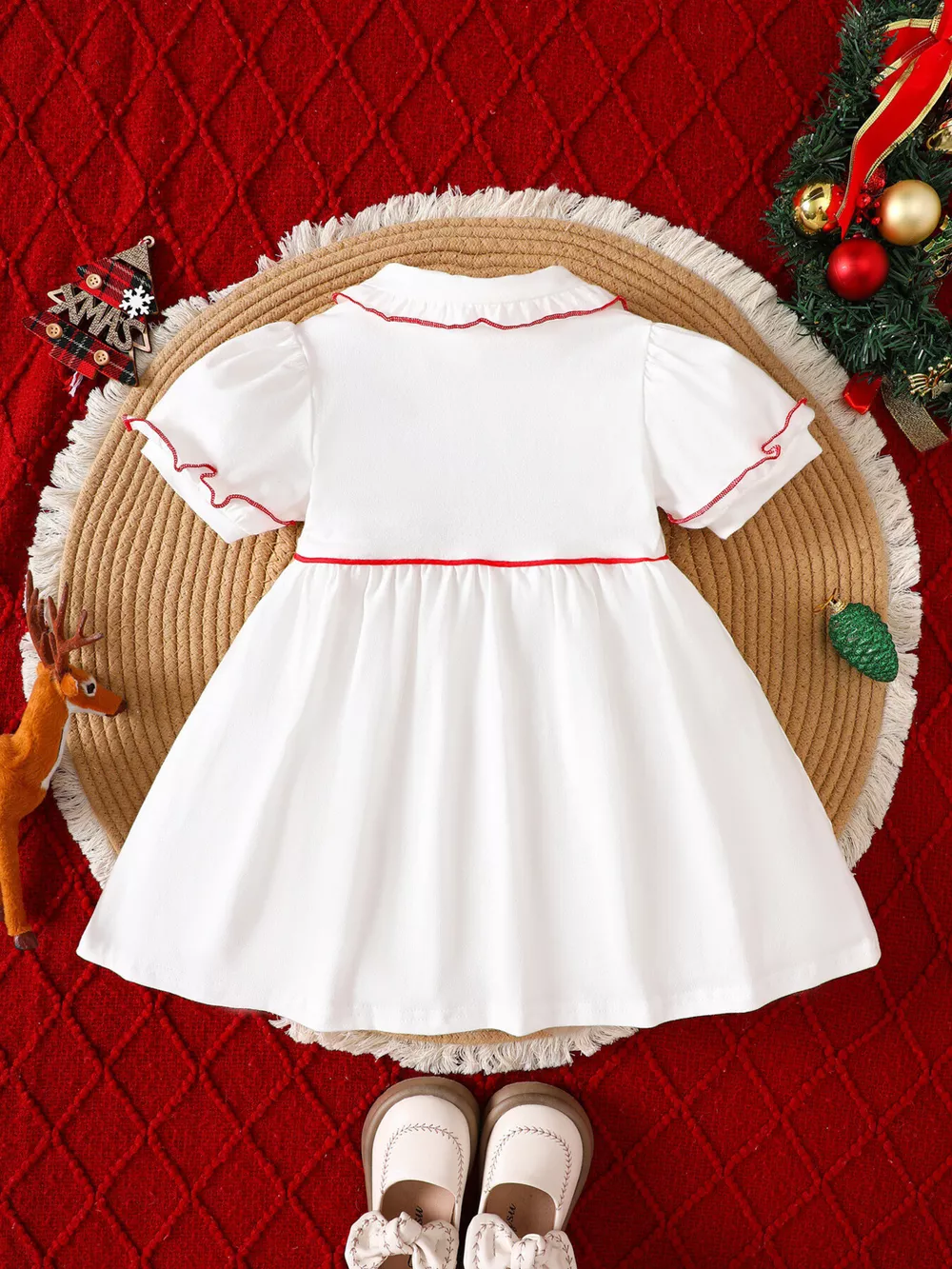 Children's Christmas Tree Embroidered Ruffle Trim Dress, image 2