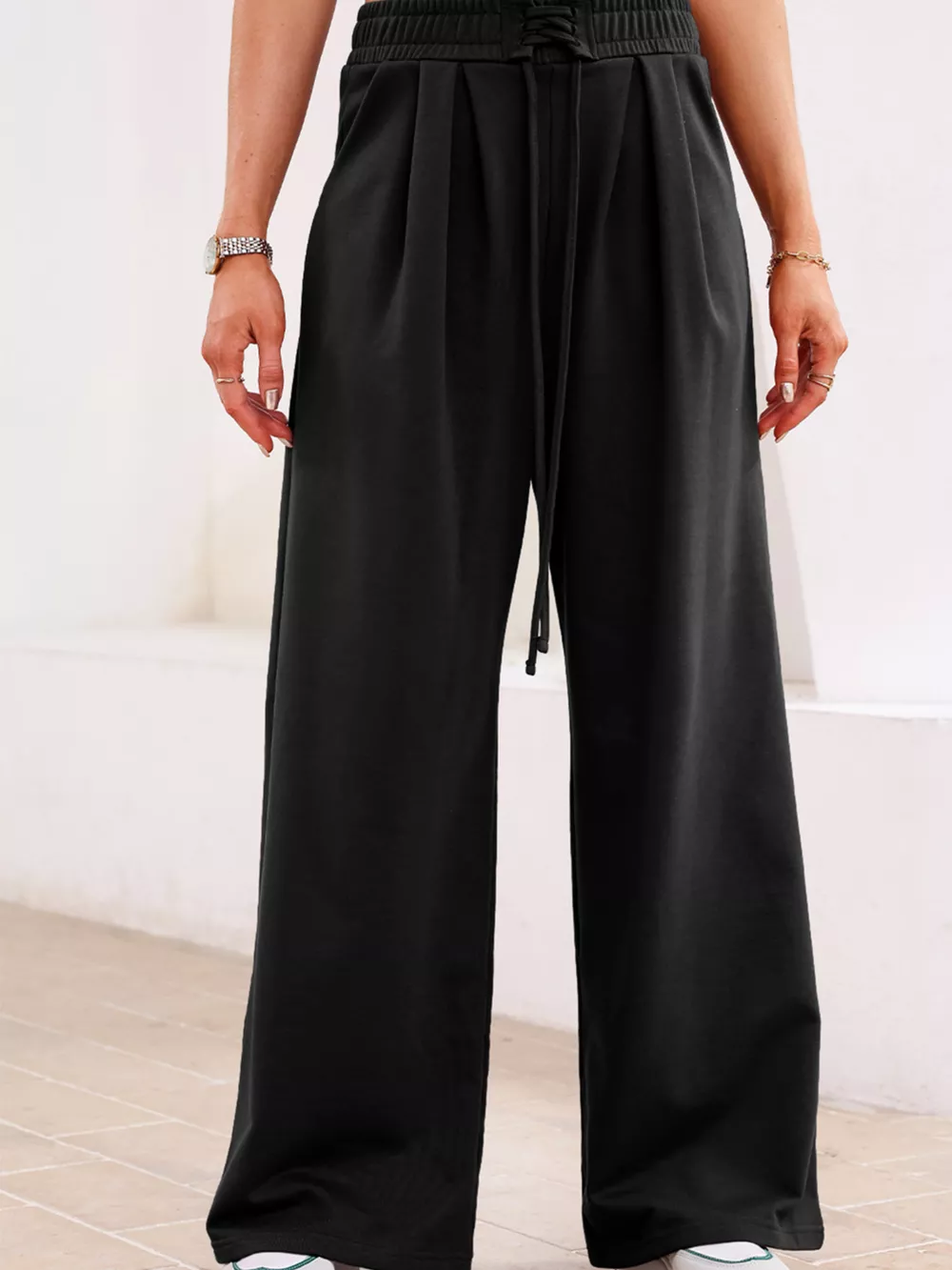 Tied Elastic High Waist Pleated Detail Solid Sweatpants, image 8