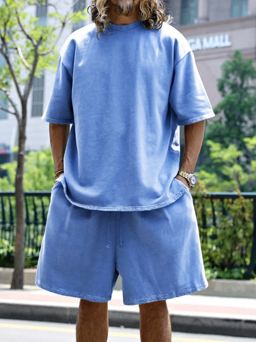 Men's Full Size Round Neck Short Sleeve Top and Shorts Set Plus Size, image 2