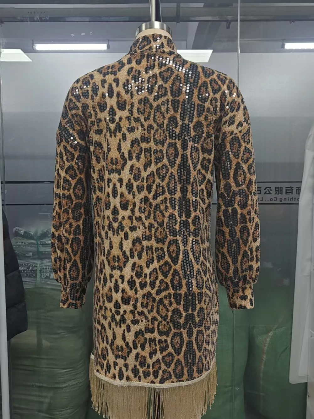 Full Size Leopard Sequin Mock Neck Fringe Hem Mini Dress Plus Size, image 5