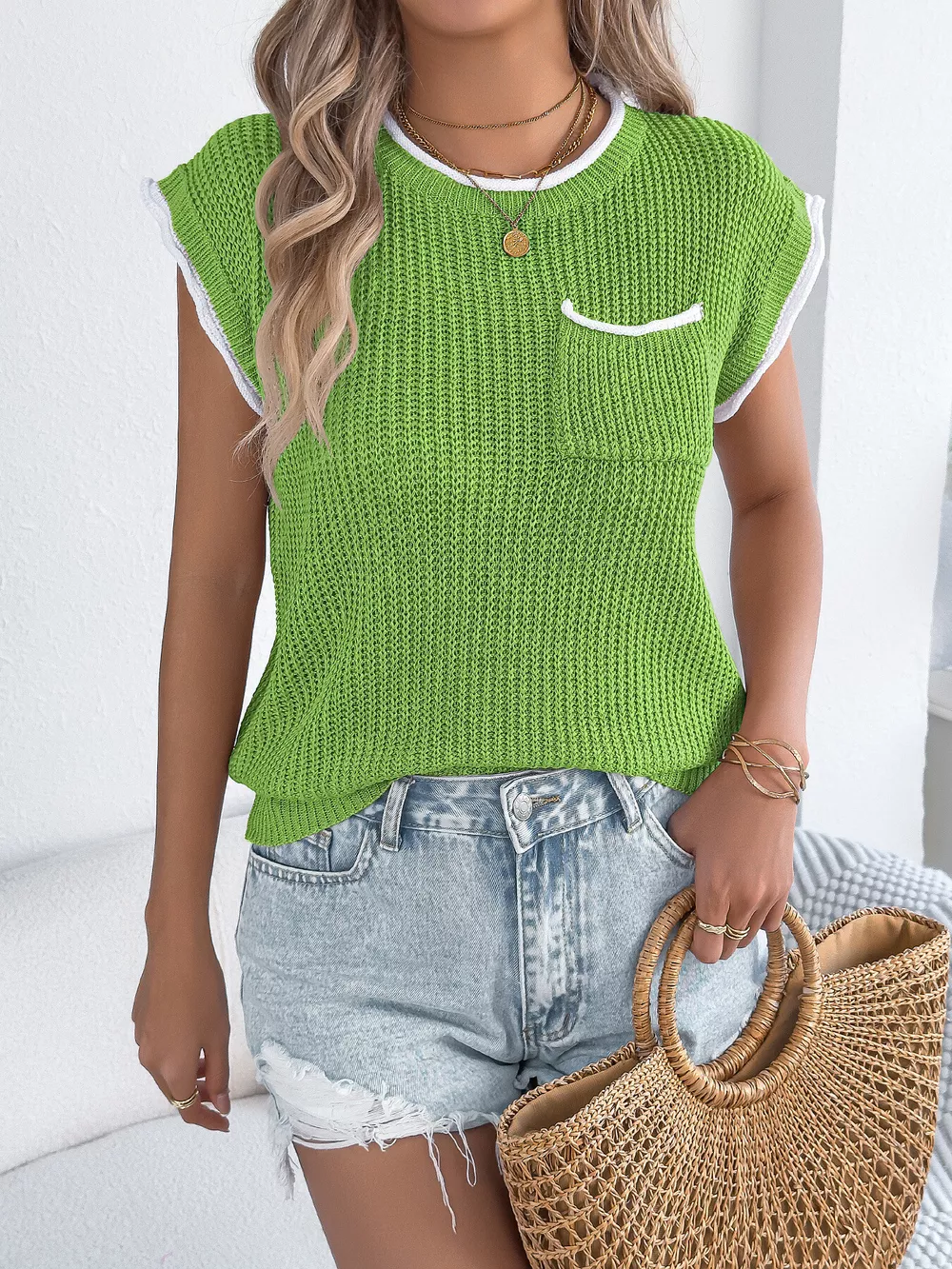 Contrast Trim Round Neck Cap Sleeve Sweater, image 9