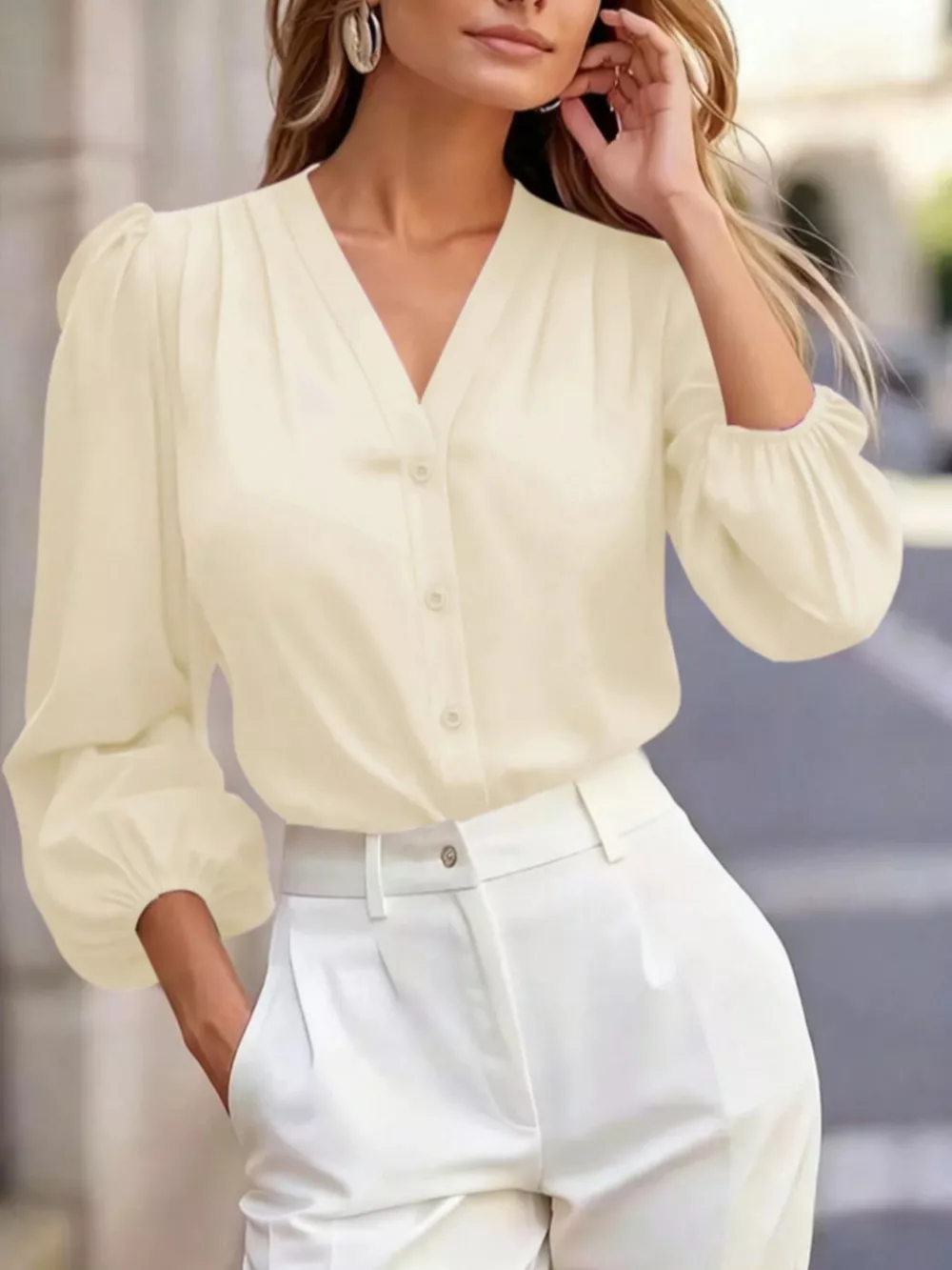 Elegant V-Neck Puff Sleeve Button-Down Shirt, image 11