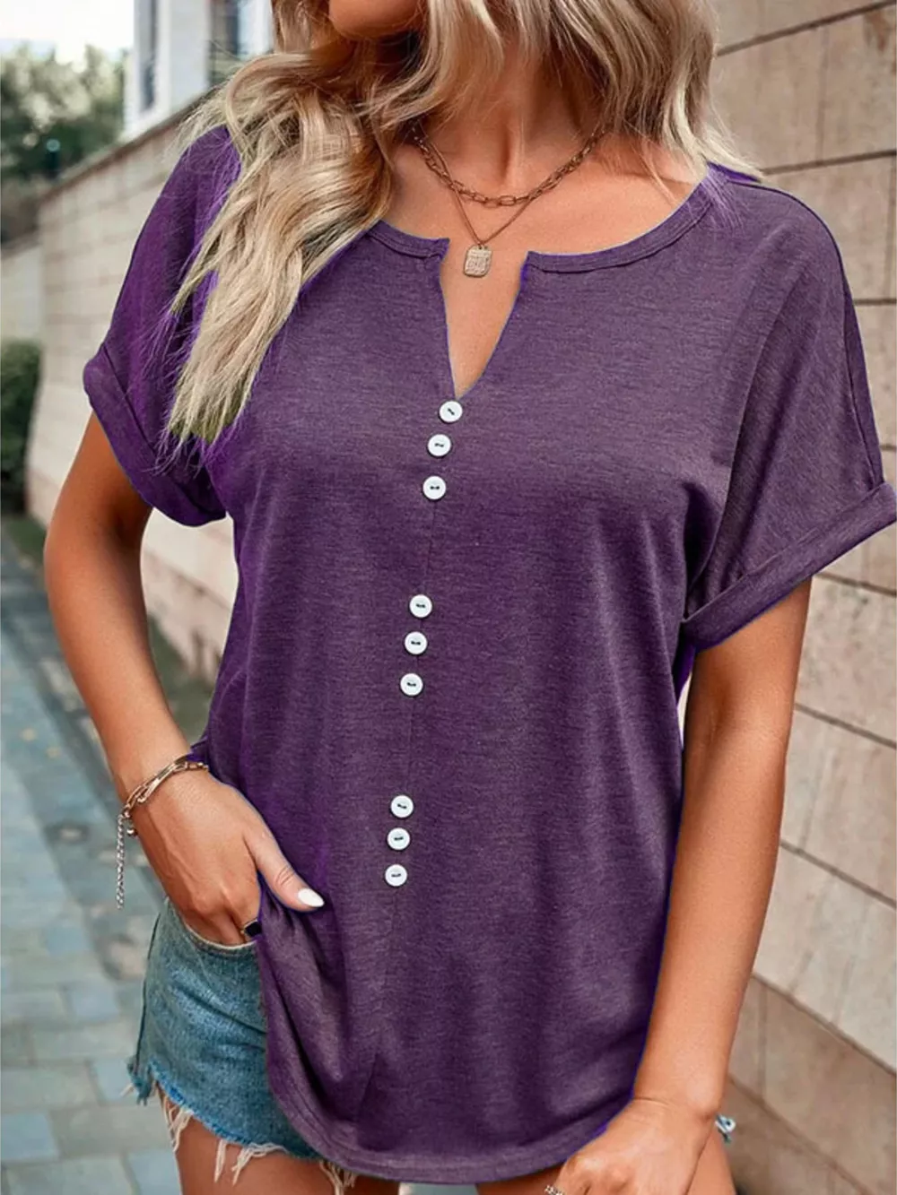 Full Size Decor Button Short Sleeve T-Shirt Plus Size, image 21