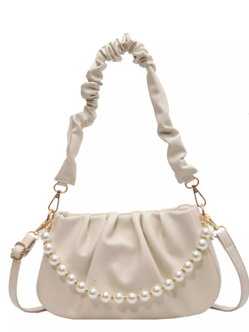 Ruched Shoulder Bag with Pearl Embellishment, image 9