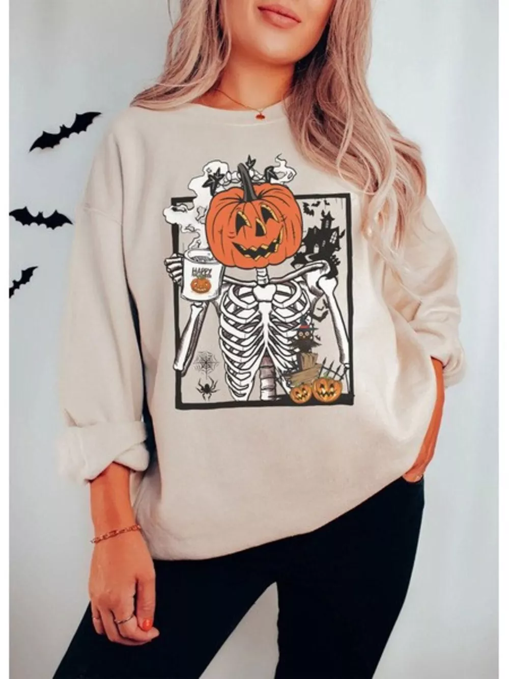 Halloween Pumpkin Floral Round Neck Sweatshirt
